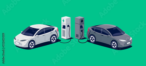 Comparing electric versus gasoline diesel car suv. Electric car charging at charger stand vs. fossil car refueling petrol gas station. Front isometric view. Isolated on white background.