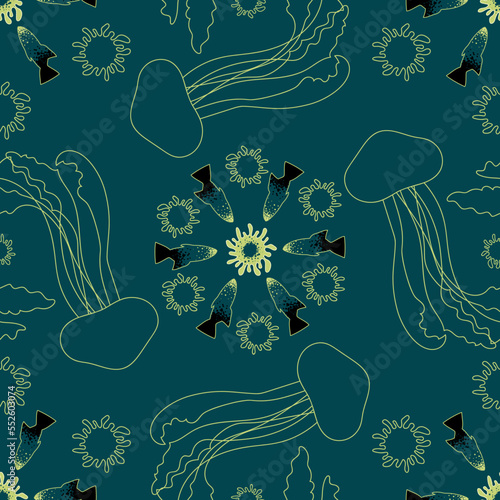 The Secret Of The Depth, a vector dark cyan seamless pattern background.