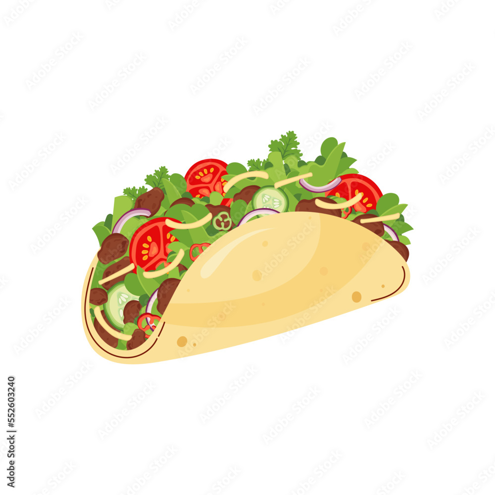 Tacos with meat and vegetables. Traditional Latin American cuisine. National Mexican cuisine on white background. Vector Tacos with meat and vegetables. Traditional Latin American cuisine. National Mexican cuisine on white background. Vector