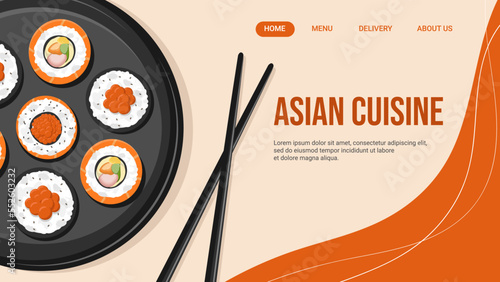 Landing page for Asian food delivery restaurant, sushi and rolls. Vector