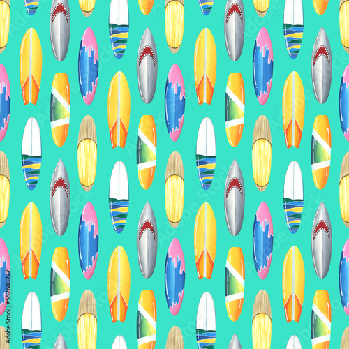 Different  bright surfboards  colorful. Watercolor illustration. Seamless pattern on turquoise background from the SURFING collection. For decoration and design of summer  beach  sea.