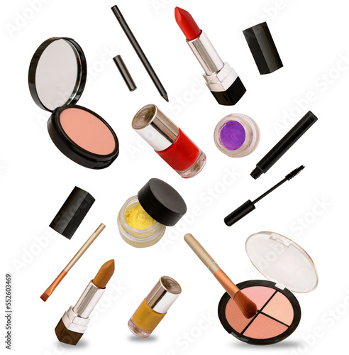 Multiple makeup fashion related items isolated on cutout transparent background photo