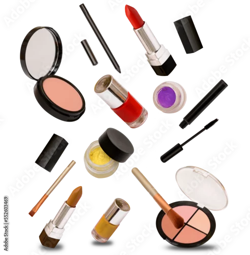 Obraz Multiple makeup fashion related items isolated on cutout transparent background