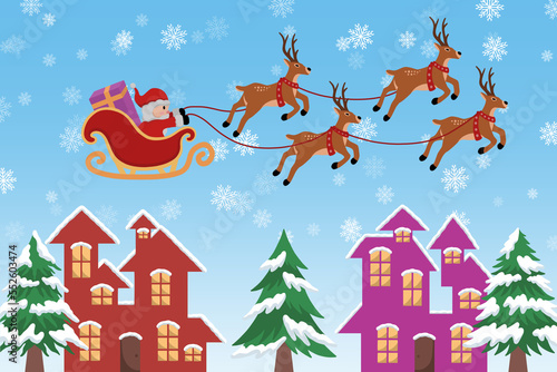 Christmas Background with Santa Claus Ride Reindeer Sleigh