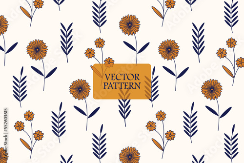 Golden daisy blooming flower on a white background. Vector abstract floral seamless repeat pattern.