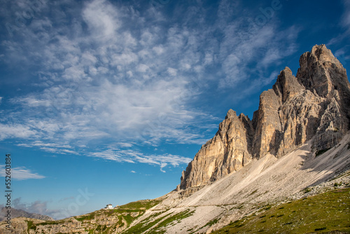 Beautiful Morning at Tre Cime di Lavaredo Mountains with blue sky, Dolomites Alps, Italy. Auronco