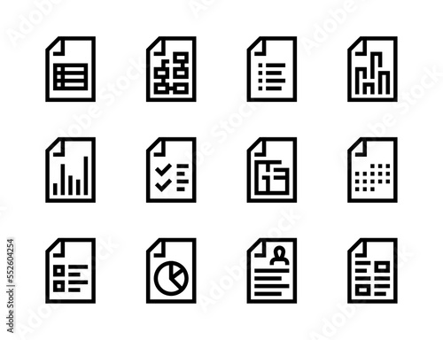 File type and Page form line vector icons. File report, Document format and Paperwork editable stroke outline icon set.