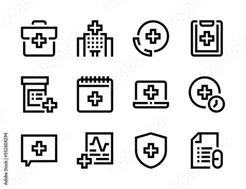 Medical service, Emergency and Healthcare line vector icons. Hospital, Doctor help and Clinic editable stroke outline icon set.