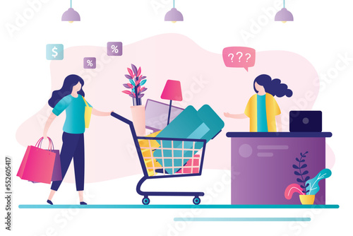 Shopping addiction. Shopaholic woman buys lot of unnecessary things in store. Concept of shopaholism, culture of excess consumption. Woman customer with full cart at checkout in supermarket.