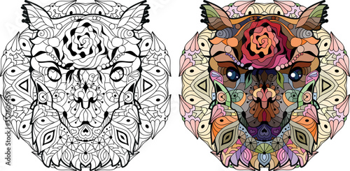 Zentangle stylized head alpaca. Hand drawn decorative vector illustration for coloring on mandala. Color and outline set