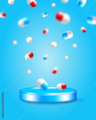 Podium with falling pills and capsules for medical, pharmaceutical and science purposes