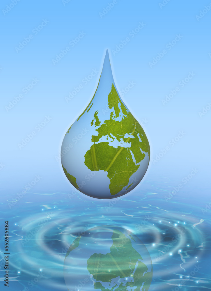 Fototapeta premium World Water Day. A globe with the texture of a leaf in the shape of a drop of water, falls on a blue sea background