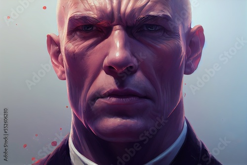 Portrait of a tuxedo-clad, bald, and muscular hitman