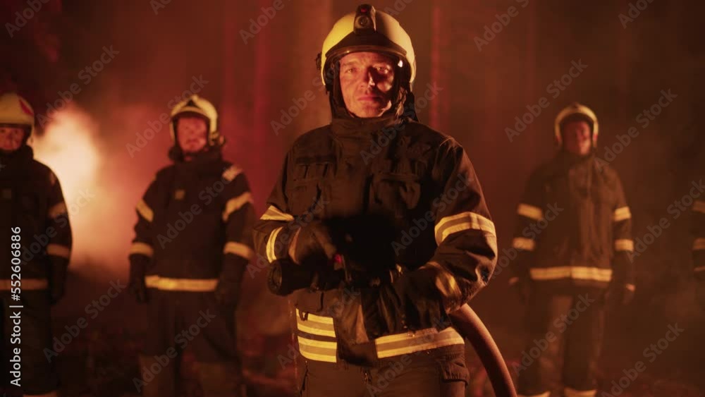 Portrait of a Brave Handsome Crew Leader in Safety Uniform and a Helmet Posing for Camera with Firefighters During a Wildfire. Professional Fireman Holding a Firehose in His Arms. Portrait of a Brave Handsome Crew Leader in Safety Uniform and a Helmet Posing for Camera with Firefighters During a Wildfire. Professional Fireman Holding a Firehose in His Arms.