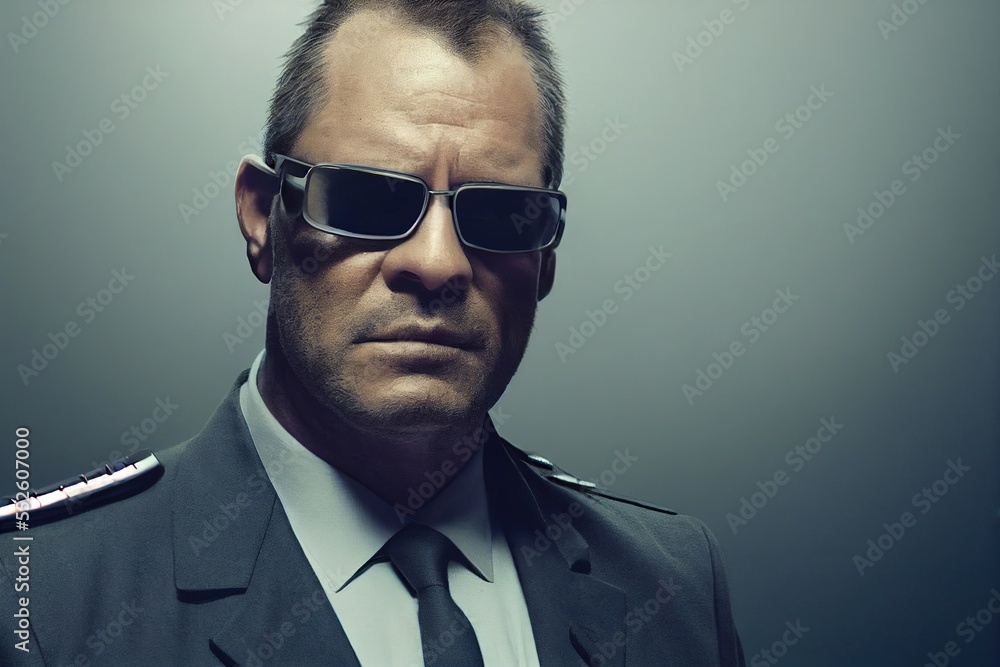 Portrait of a stern private security warden wearing sunglasses Portrait of a stern private security warden wearing sunglasses