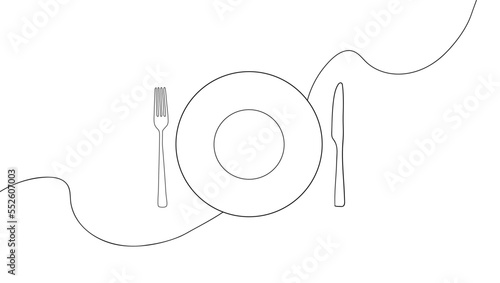 New Year's table setting. Plate Fork and Knife for decoration restoran menu in simple linear style. Hand drawn sign or banner cafe. Editable stroke. 