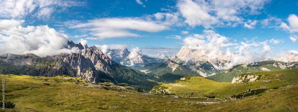 Beautiful Morning at Tre Cime di Lavaredo Mountains with blue sky, Dolomites Alps, Italy