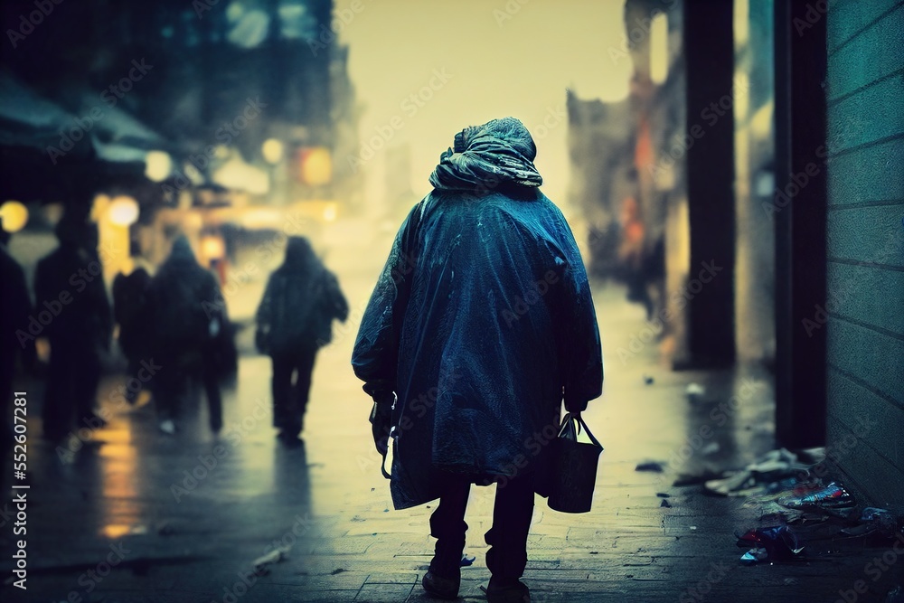 Obraz premium a homeless man wanders the poor streets with his belongings 