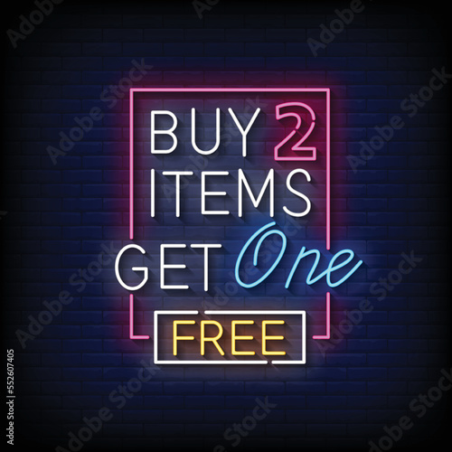 neon sign buy 2 get 1 free with brick wall background vector illustration