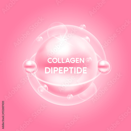 Collagen dipeptide pink and bubble oxygen serum chemical formula. Beauty treatment nutrition skincare design. Medical and scientific concepts. 3D Vector EPS10.