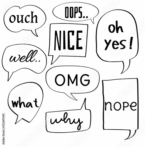 set collection hand drawn speech bubbles of ouch, well.., what, OOPS.., NICE, OMG, why, oh yes!, nope. vector design illustration