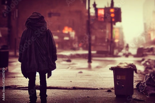 A homeless man wanders alone down a filthy street. A city's poverty