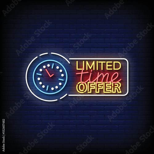 neon sign limited time offer with brick wall background vector illustration