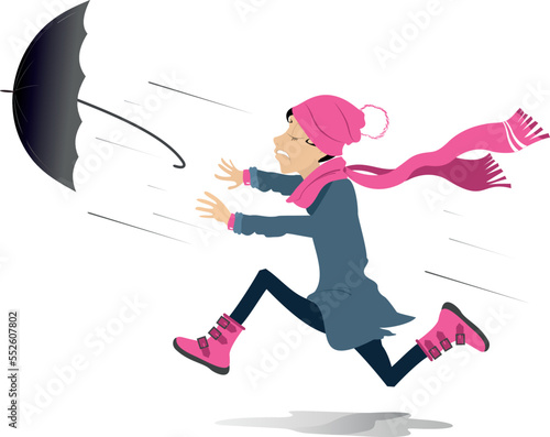 Rain. Strong wind. Running young woman lost umbrella.
Funny running young woman in the hat and big scarf tries to catch an umbrella gone with the wind. Isolated on white background

