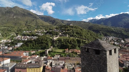 Aerial of Bellinzona Switzlerland Montebello and Sasso Corbaro castles hillside city