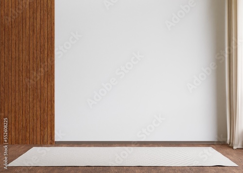 Background white and wooden wall and wooden floor carpet  mock up  3d rendering.