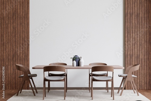 Dining room and kitchen wooden floor copy space on white background, front view,3D rendering.