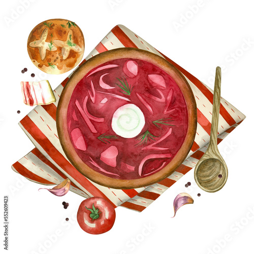 Borsch. Plate with borscht, garlic donut, lard, spoon, garlic, green onion and tomato on a striped napkin. All elements are hand painted in watercolor. For menus, books, printing.