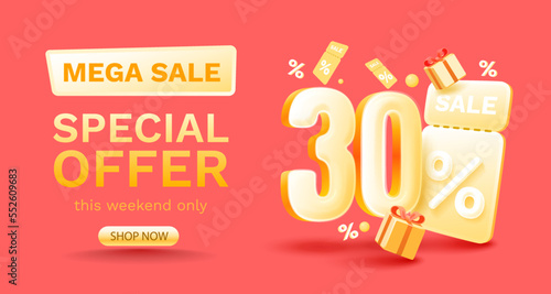 30 percent Special offer mega sale, Check and gift box. Sale banner and poster. Vector