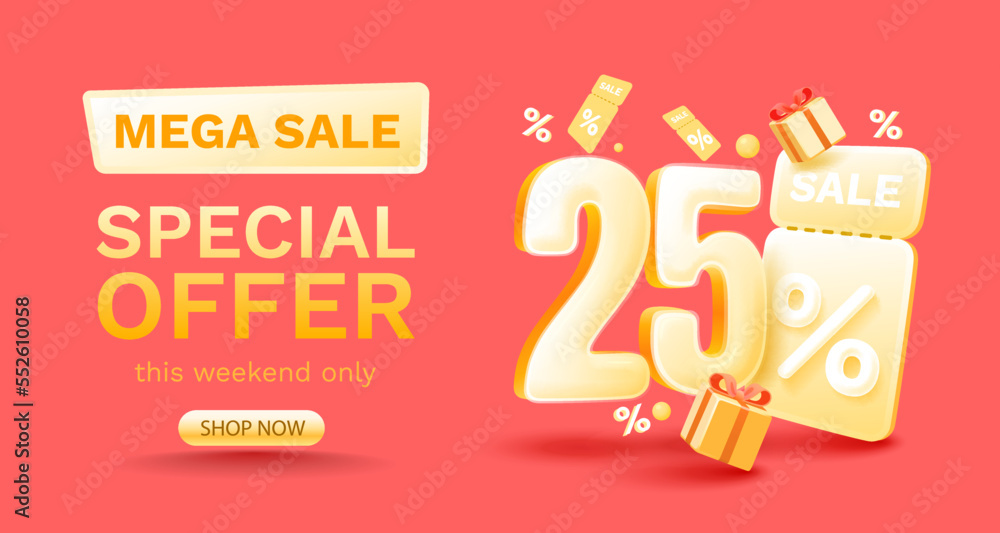 25 percent Special offer mega sale, Check and gift box. Sale banner and poster. Vector 25 percent Special offer mega sale, Check and gift box. Sale banner and poster. Vector