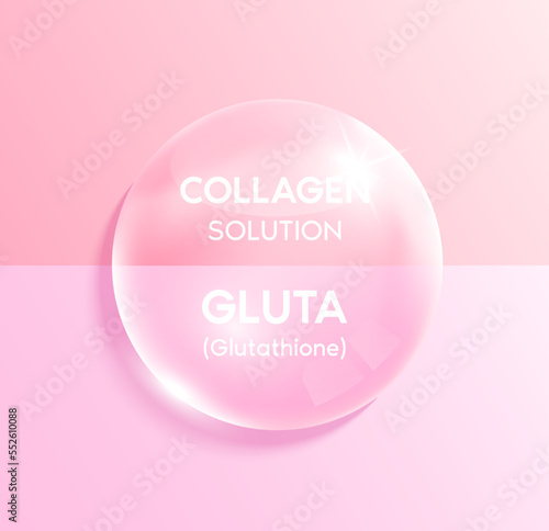 Glutathione and Cystein, Glycine, Glutamate solution in the shape pink drop water. Collagen vitamins complex. Beauty treatment nutrition skincare design. Medical concepts. 3D Realistic Vector.