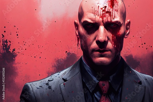 Blood splatter on the angry face of a hitman in a tuxedo  photo