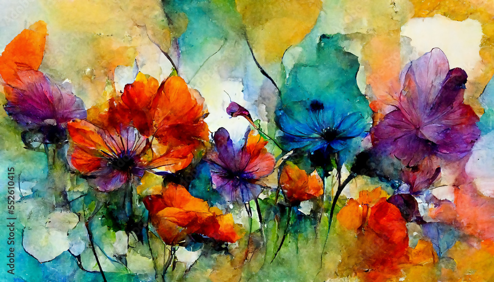 Watercolor painting with abstract colourful poppies. Created with Generative AI technology.