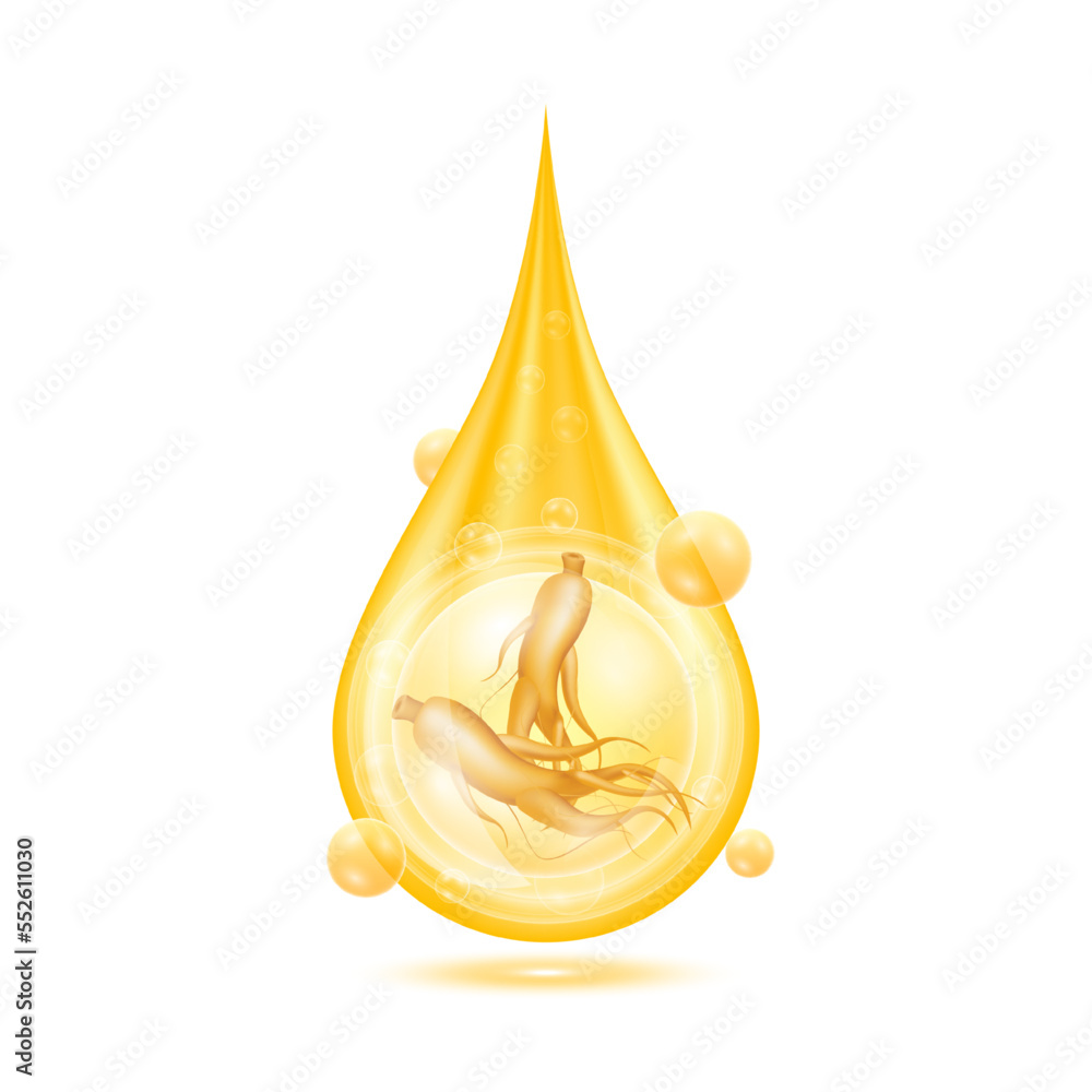 Ginseng root in golden water drop and Vitamins collagen serum orange shining with oxygen bubbles. Isolated on white background. Premium grade health food supplement. 3D Realistic vector Eps10. Ginseng root in golden water drop and Vitamins collagen serum orange shining with oxygen bubbles. Isolated on white background. Premium grade health food supplement. 3D Realistic vector Eps10.