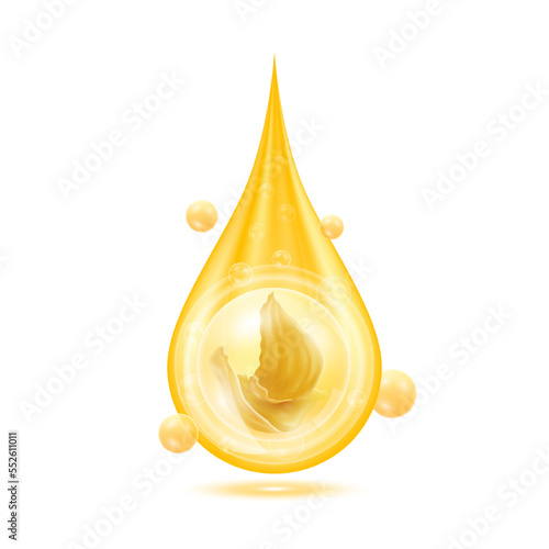 Edible Nest Swiftlet, Bird's nest in golden water drop and Vitamins collagen serum orange shining with oxygen bubbles. Isolated on white background. Saliva of bird backed. 3D Realistic vector Eps10.