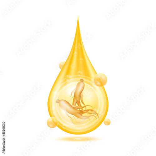 Ginseng root in golden water drop and Vitamins collagen serum orange shining with oxygen bubbles. Isolated on white background. Premium grade health food supplement. 3D Realistic vector Eps10.