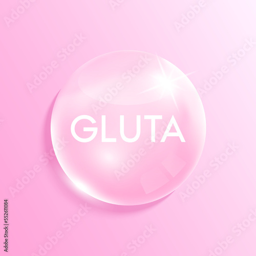 Glutathione solution in the shape pink drop water. Collagen vitamins complex with Chemical formula from nature. Beauty treatment nutrition skincare design. Medical concepts. 3D Realistic Vector.