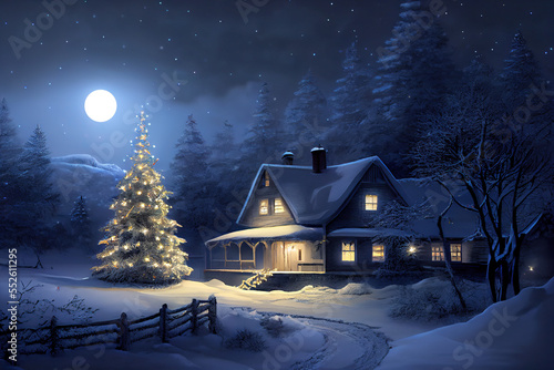 Christmas night illustration, winter landscape scene house and christmas tree