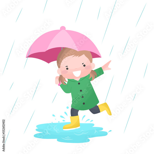 Cute little girl play wear raincoat with Umbrella running in rain