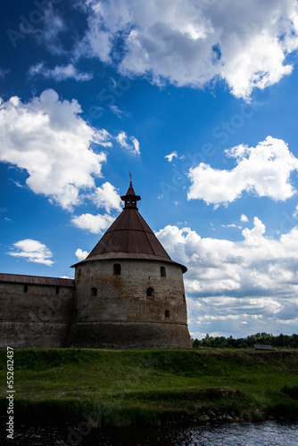 Oreshek fortress tower against a cloudy sky.