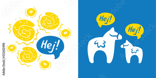 Vector Illustration with Symbols of Sweden on white background and blue background with yellow. Swedish culture and Fika