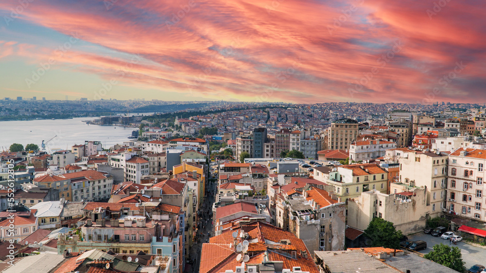 Istanbul view during sunset from Galata Tower. Panoramic Istanbul landscape. Selective focus