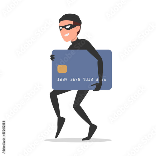 Internet scammer or hacker steals money from a bank card and on the Internet. Corruption, cyber attack, web fraud, bank security issue. Flat style, vector.