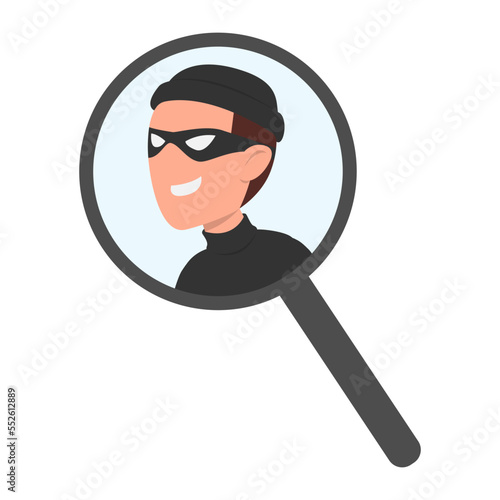 Fraudster, hacker, thief, criminal. Under a magnifying glass. disclosure of the scammer. Corruption, cyber attack, web fraud, bank security issue. Flat style, vector.