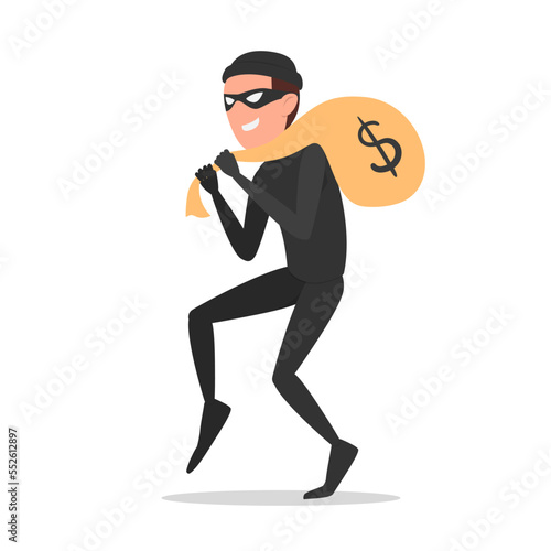 Fraudster, thief or hacker steals money. Corruption, cyber attack, web fraud, bank security issue. Flat style, vector.