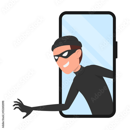 Internet fraud, data hacking, cybercrime. Fraudster on the phone screen. Vector, flat style.